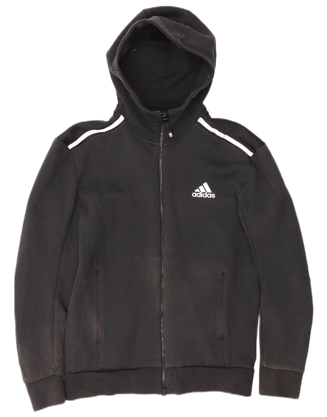 Adidas masculino zip moletom com capuz pequeno algodão listrado preto