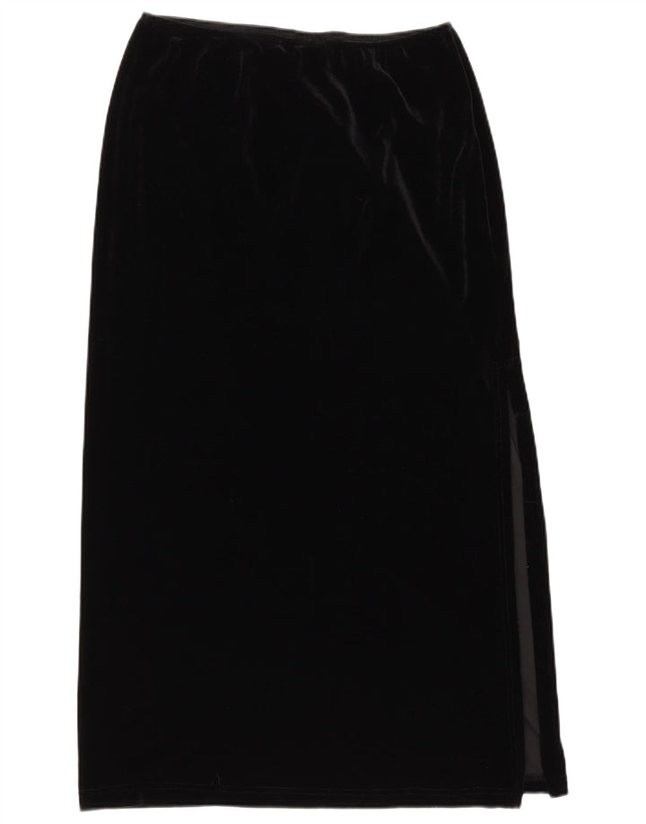 Saia maxi feminina vintage de veludo Reino Unido 16 grande W34 poliéster preto