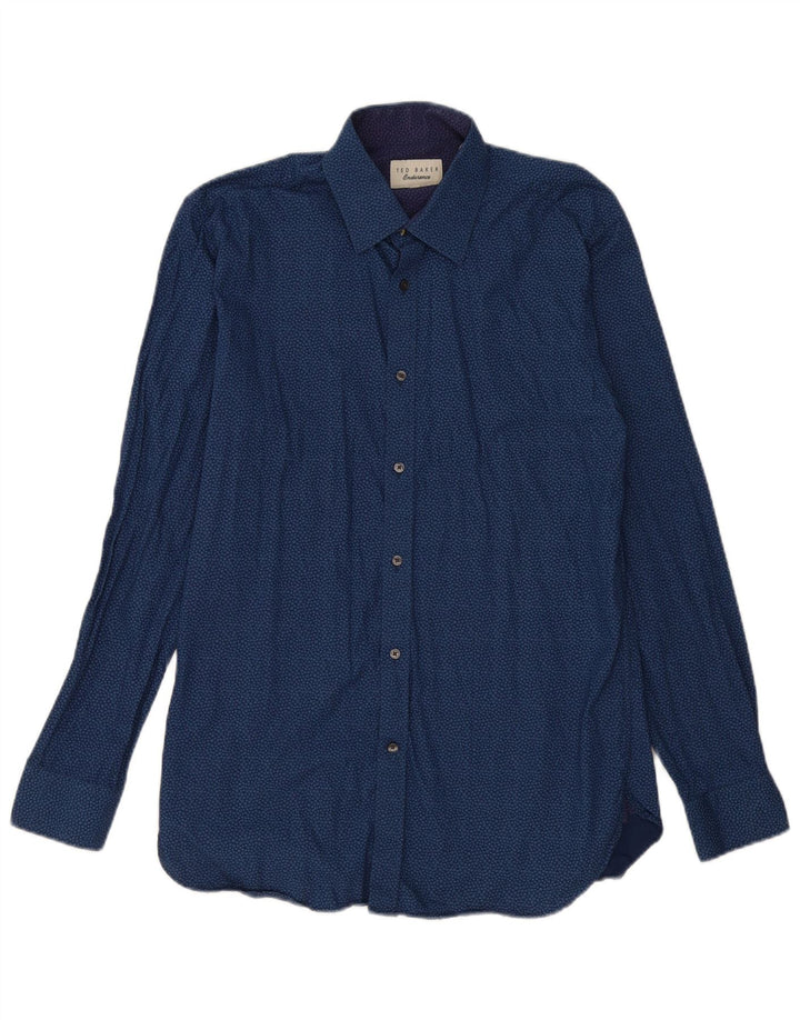 Camisa masculina Ted Baker com padrão abstrato tamanho 15 1/2 azul marinho médio
