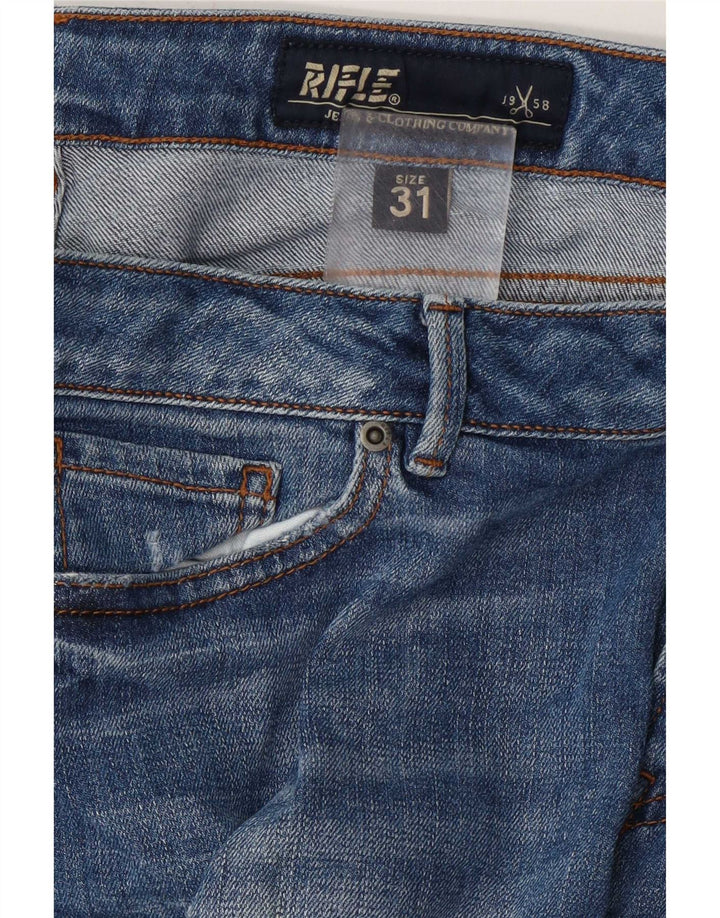 Rifle feminino jeans skinny desgastado W31 L29 azul