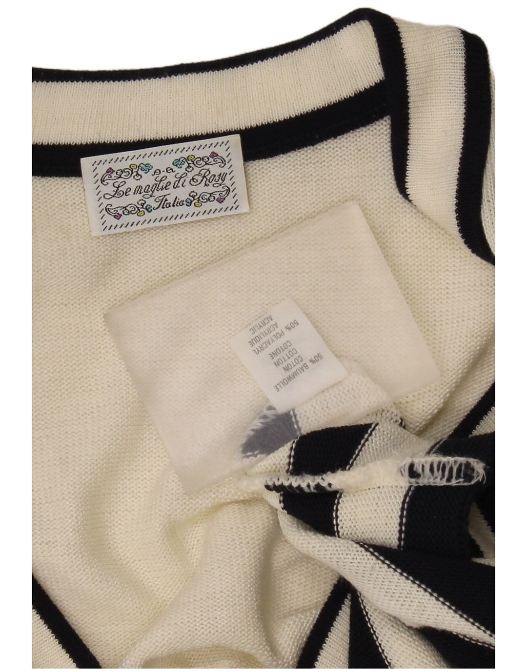 Suéter cardigã feminino vintage Reino Unido 14 algodão listrado branco médio