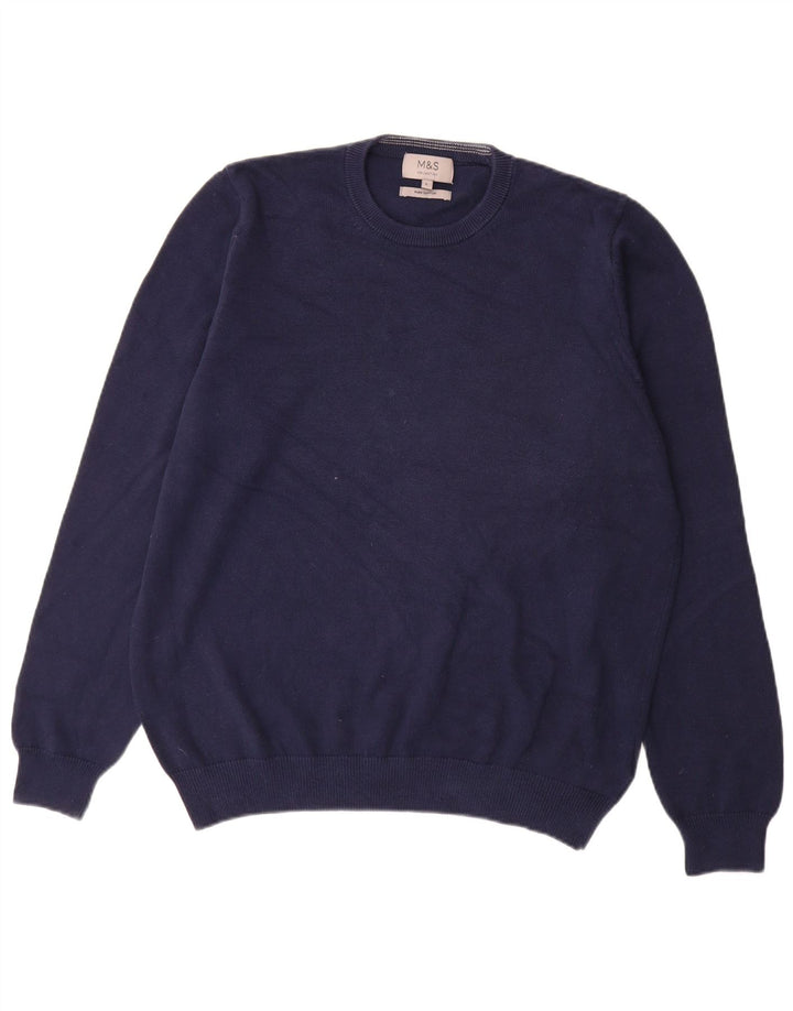 Suéter masculino Marks & Spencer com gola redonda, grande algodão azul marinho