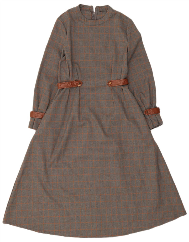 Vestido maxi feminino vintage de manga comprida UK 10 pequeno xadrez cinza