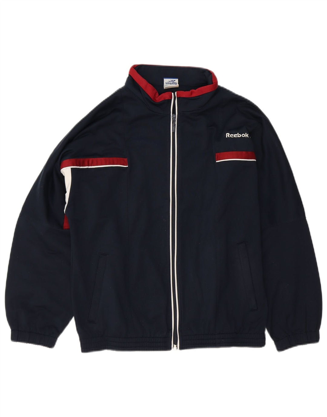 REEBOK Boys Tracksuit Top Jacket 9-10 Years Medium Navy Blue Colourblock