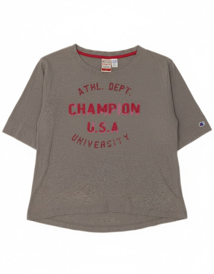 Top feminino Champion Heritage Fit gráfico manga 3/4 Reino Unido 14 cinza médio