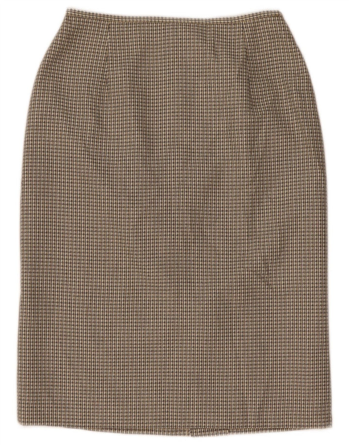 Saia lápis feminina Marks & Spencer Reino Unido 10 pequena W26 poliéster xadrez cinza