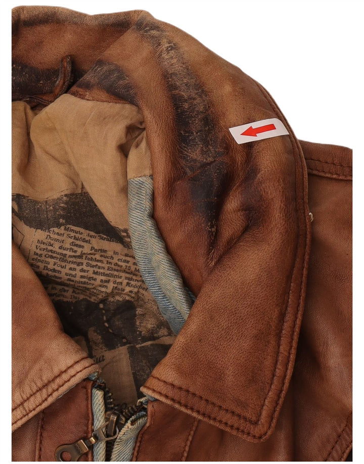 Jaqueta de couro bomber masculina vintage Reino Unido 42 XL marrom patchwork couro