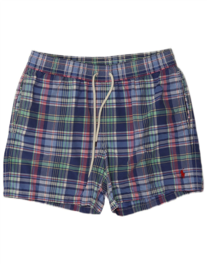 Polo Ralph Lauren Shorts de natação masculino médio azul xadrez algodão