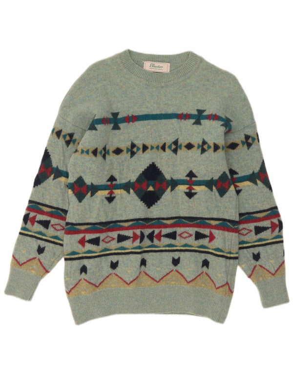 Bluster Mens Boat Neck Jumper Sweater UK 14 Large Green Geometric