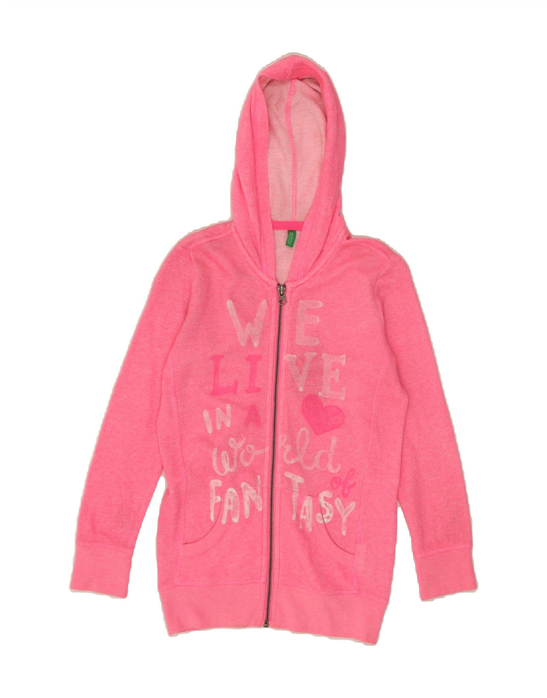 BENETTON Girls Graphic Zip Hoodie Sweater 6-7 Years Pink Cotton Vintage Benetton and Second-Hand Benetton from Messina Hembry 