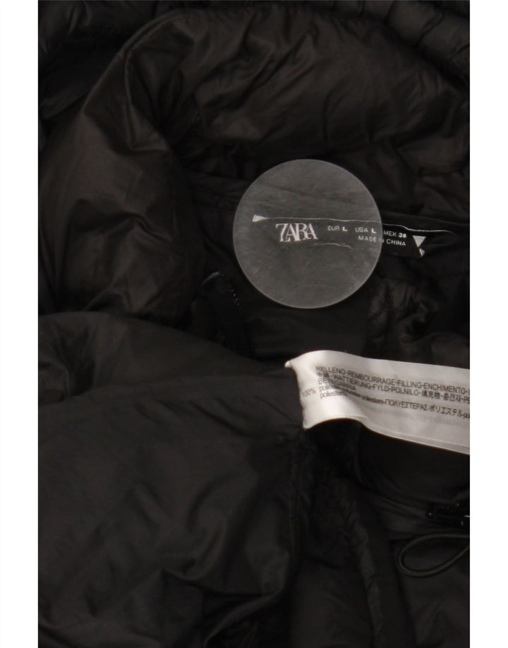 Casaco acolchoado com capuz feminino ZARA UK 16 grande poliéster preto