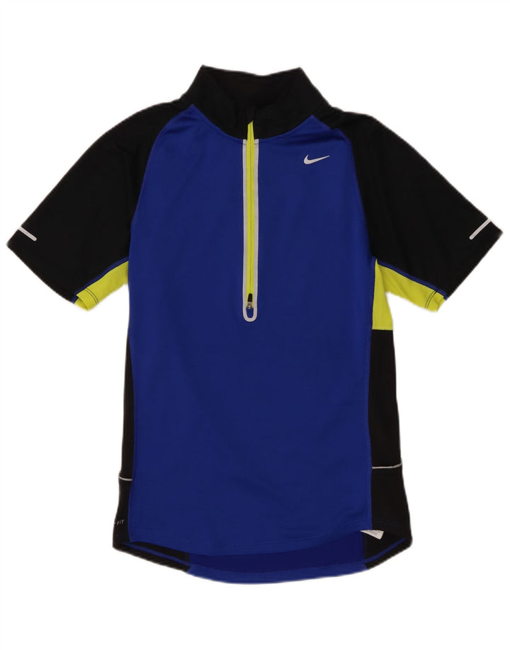 Camiseta masculina Nike Dri Fit com zíper e decote em poliéster pequeno azul colorblock