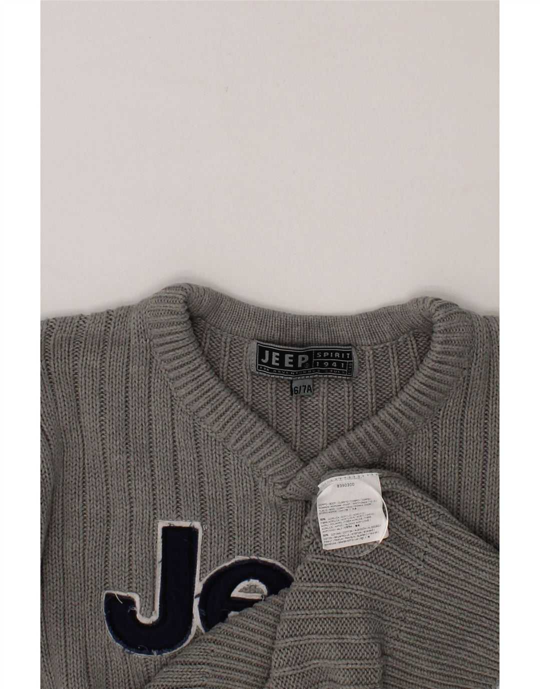 JEEP Boys Graphic V-Neck Jumper Sweater 6-7 Years Grey Acrylic Vintage Jeep and Second-Hand Jeep from Messina Hembry 