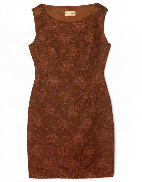 Vestido feminino Penny Pull sem mangas com bainha UK 10 pequeno acetato floral marrom