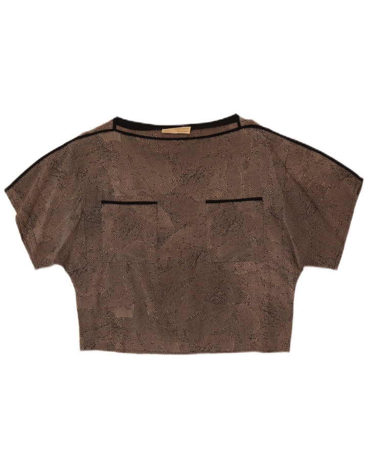 Blusa feminina vintage UK 14 seda manchada marrom médio