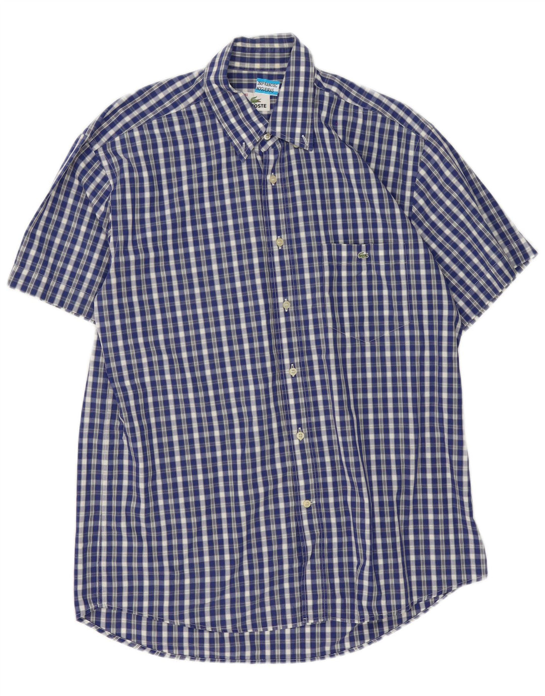 Lacoste camisa masculina de manga curta tamanho 40 algodão guingão azul médio