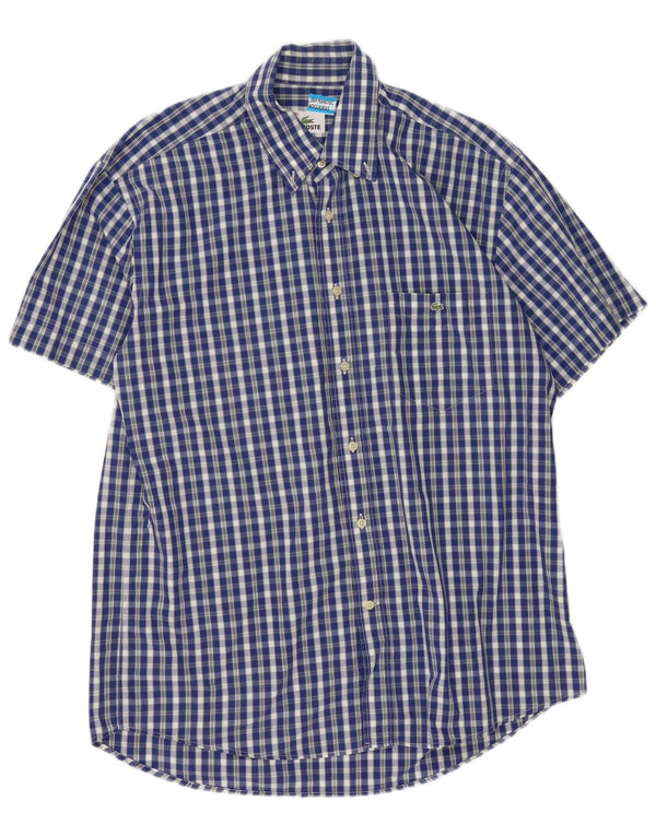 Lacoste camisa masculina de manga curta tamanho 40 algodão guingão azul médio