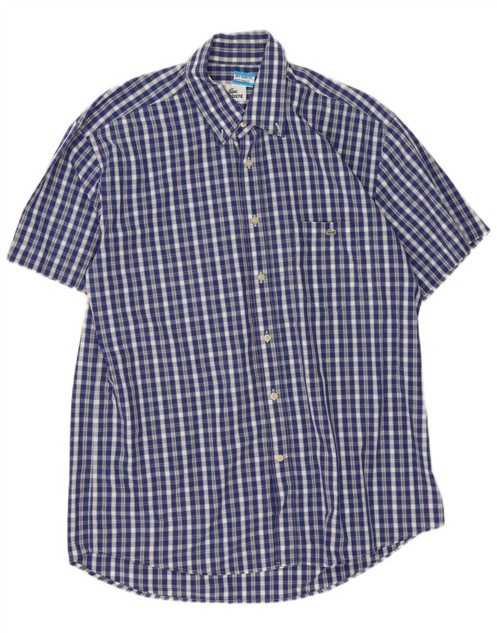 Lacoste camisa masculina de manga curta tamanho 40 algodão guingão azul médio