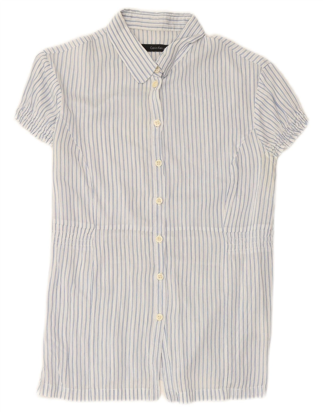 CALVIN KLEIN JEANS Camisa feminina de manga curta UK 12 risca de giz azul médio