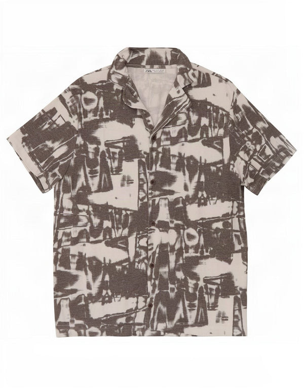 Camisa masculina Zara Abstract Pattern manga curta pequena cinza poliéster