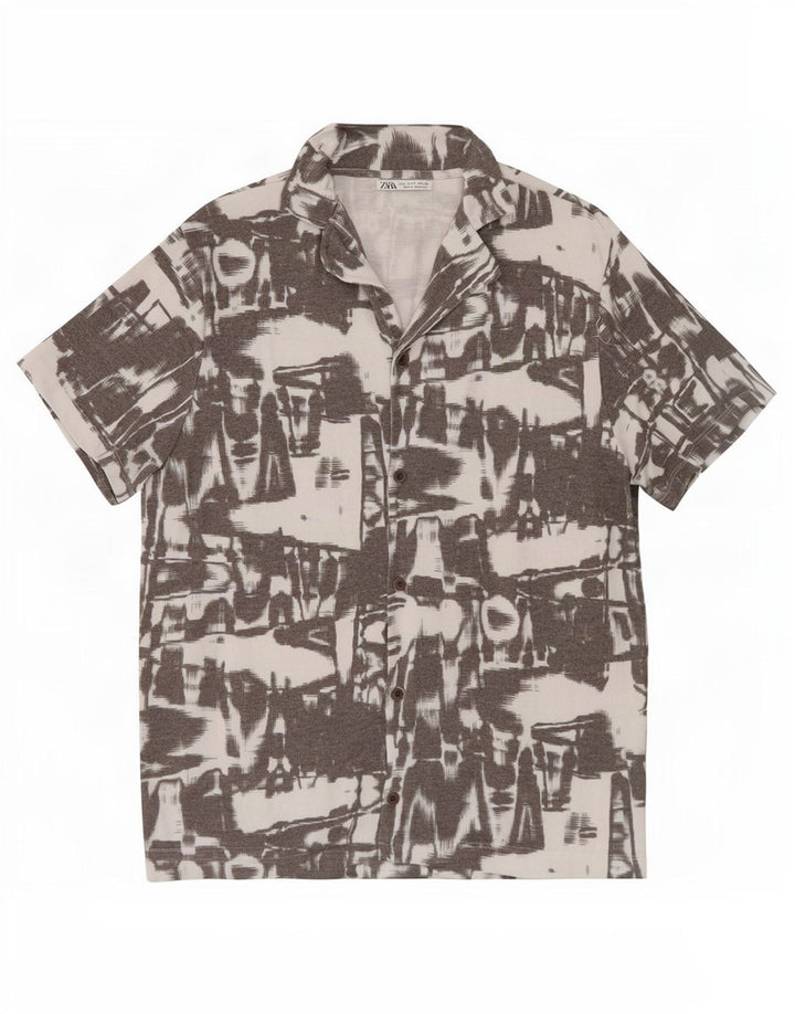Camisa masculina Zara Abstract Pattern manga curta pequena cinza poliéster