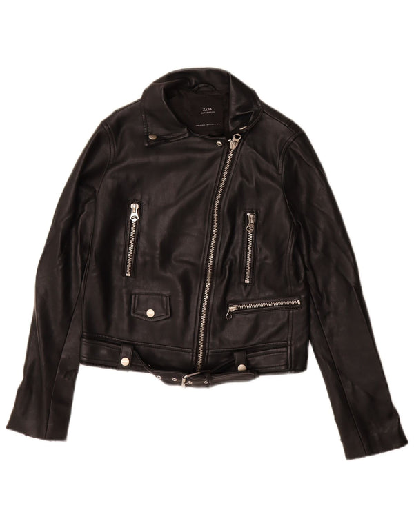 Zara Jaqueta feminina de couro sintético para motociclista UK 6 XS poliuretano preto