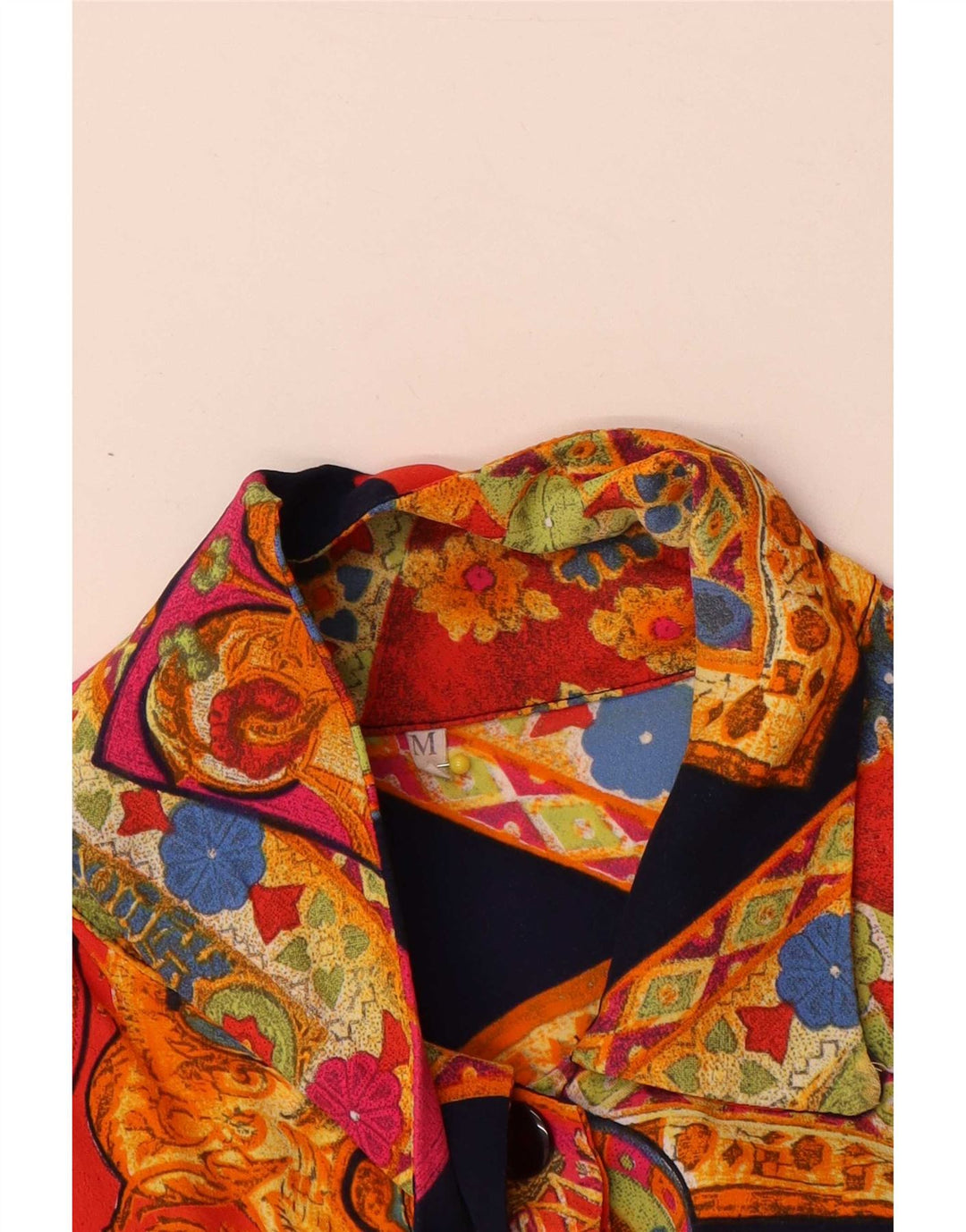 Camisa feminina vintage de manga curta UK 14 média multicolorida geométrica