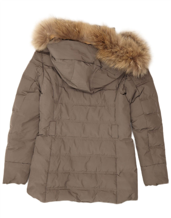 Casaco acolchoado com capuz feminino Woolrich UK 6 XS poliéster cinza inverno