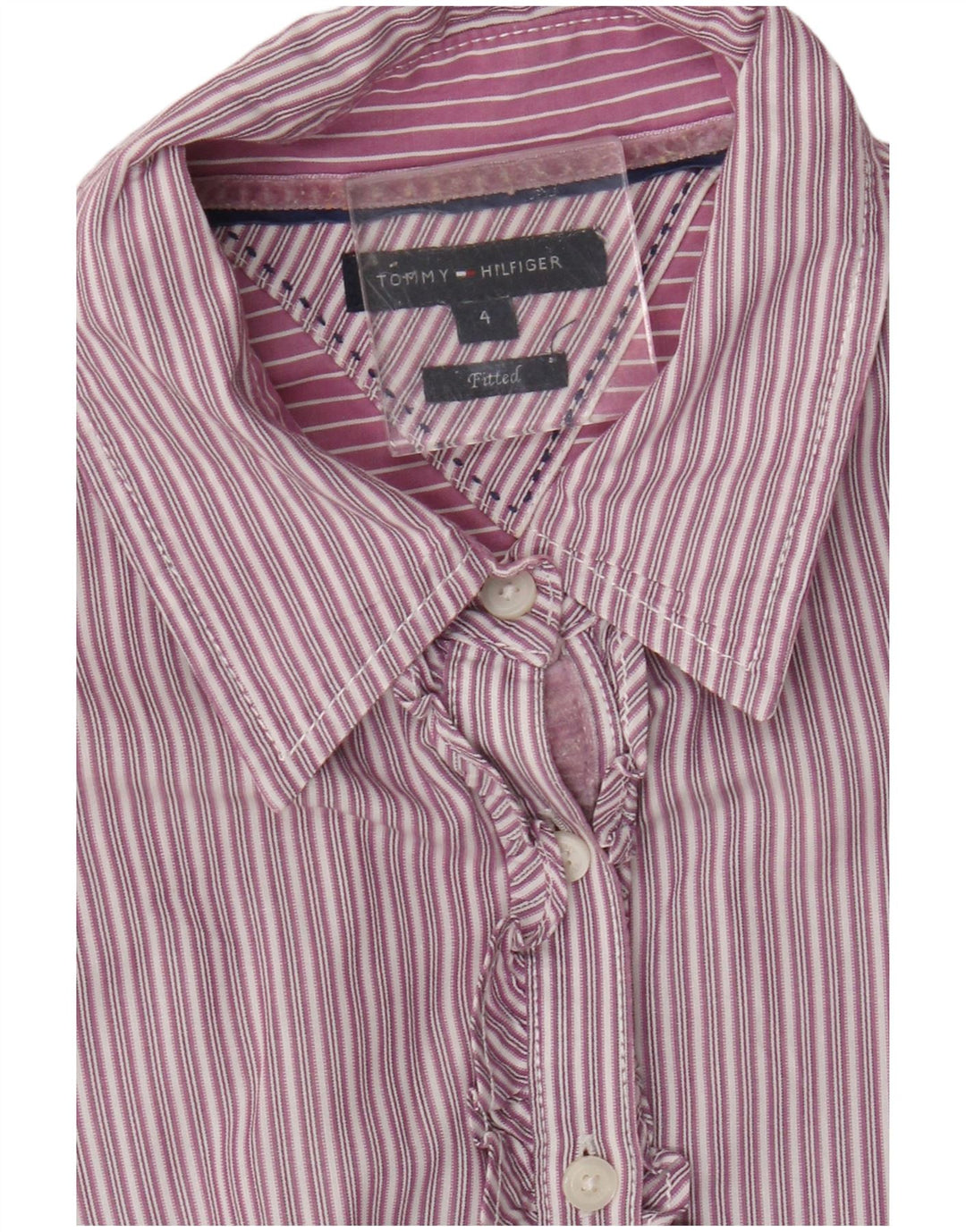 Camisa feminina Tommy Hilfiger com babados na frente EUA 4 pequenas listras roxas