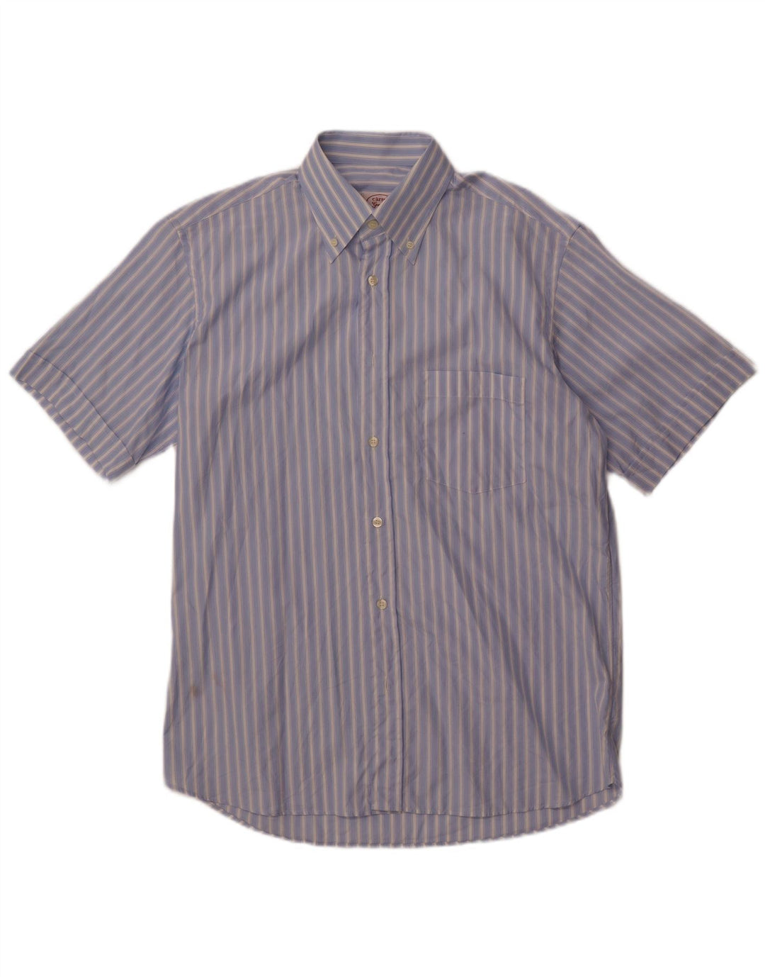 Camisa masculina de manga curta Carrel tamanho 40 15 1/2 algodão listrado azul médio
