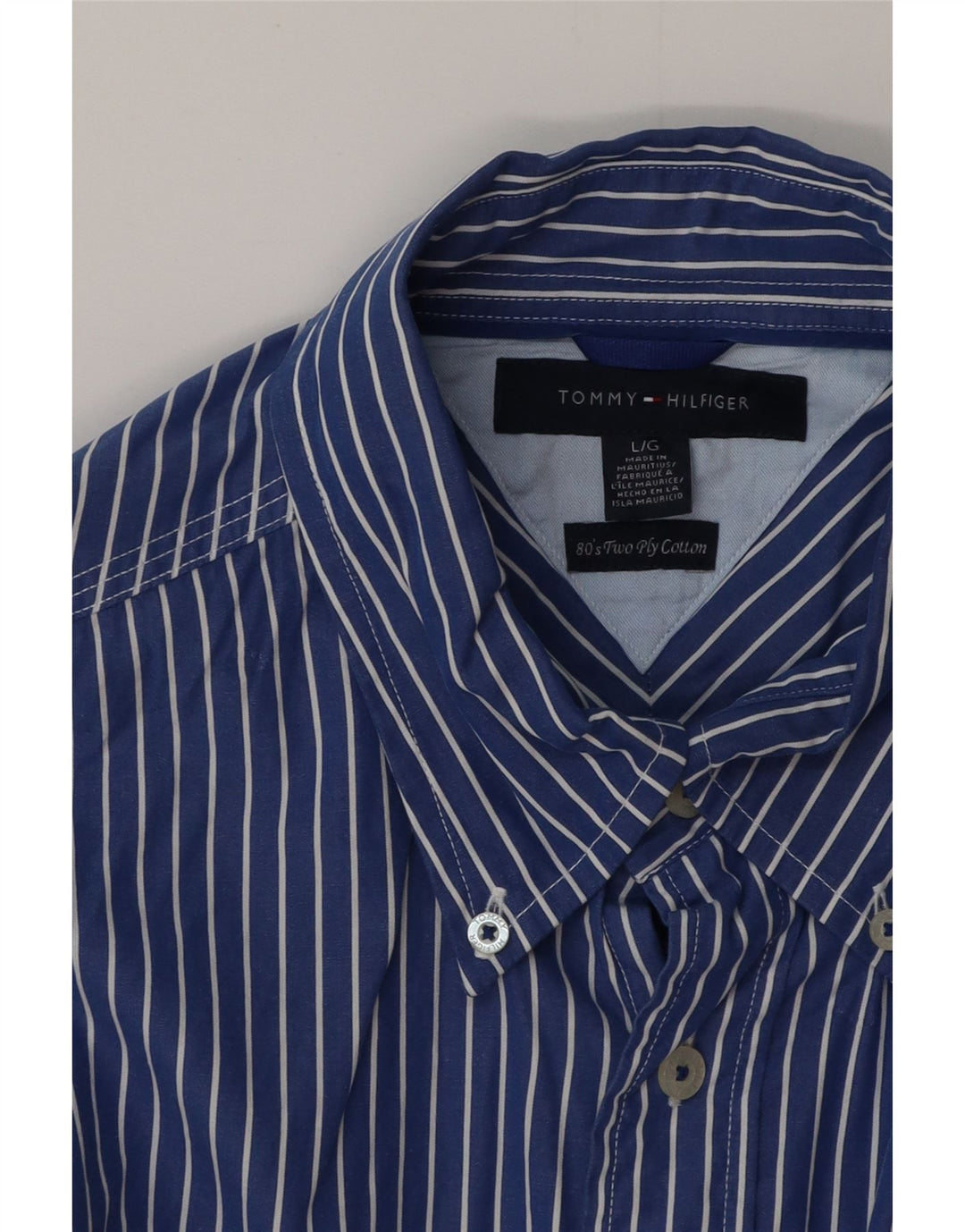 Camisa masculina TOMMY HILFIGER grande listrada azul algodão anos 80