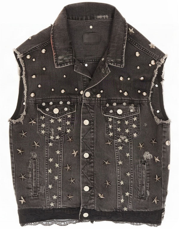 Zara Womens Motorstyle Distressed Denim Gilet UK 10 Small Grey Spotted