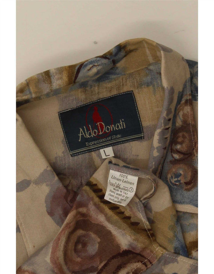 Vintage masculino abstrato Padrão manga curta Camisa grande linho bege