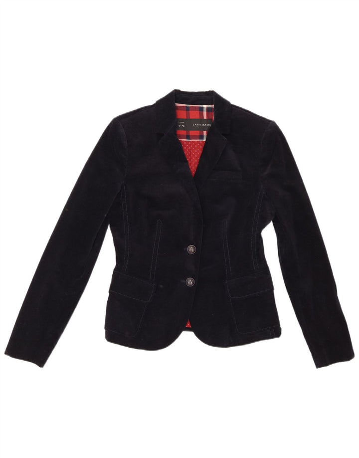 Jaqueta blazer feminina de veludo com 2 botões Zara Reino Unido 12 algodão azul marinho médio