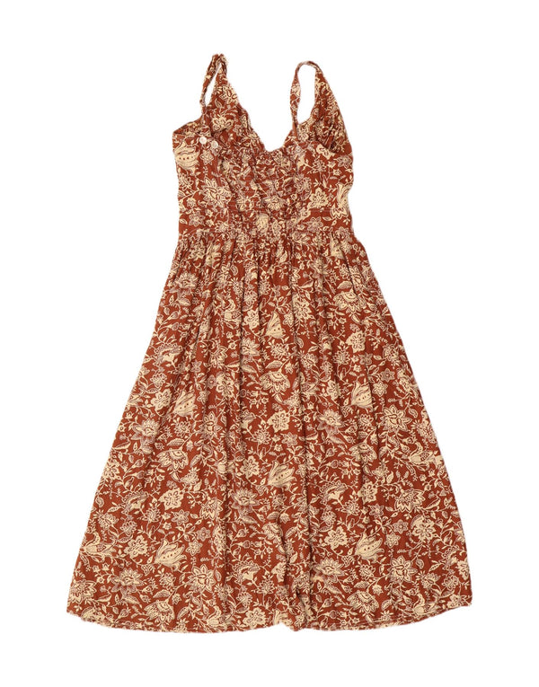 Vestido feminino expresso sem mangas evasê UK 12 viscose floral marrom médio