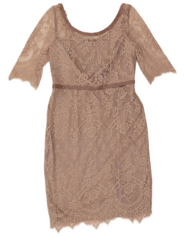 Vestido feminino Monsoon manga 3/4 com bainha de renda Reino Unido 16 grande bege floral nylon