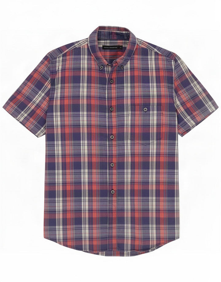 Camisa masculina de manga curta French Connection médio azul marinho xadrez algodão