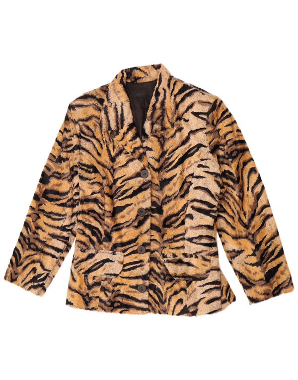 Jaqueta blazer feminina vintage com 4 botões Reino Unido 12 marrom médio com estampa animal