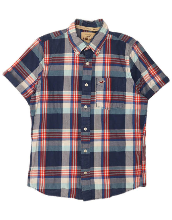 Camisa masculina de manga curta Hollister de algodão xadrez médio azul marinho