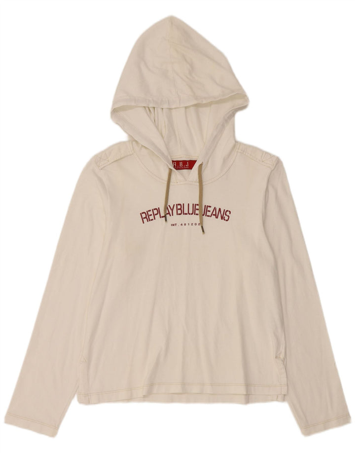 Top gráfico feminino com capuz REPLAY manga comprida Reino Unido 14 algodão branco grande