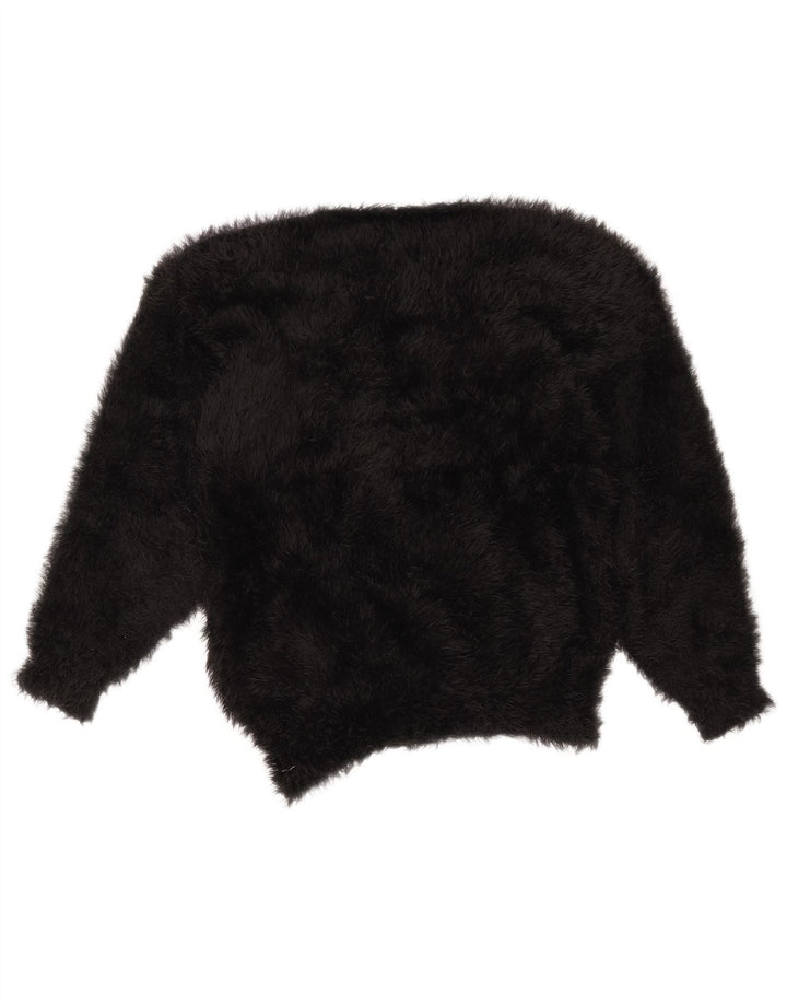 Suéter feminino VINTAGE com gola redonda UK 14 bloco colorido preto médio