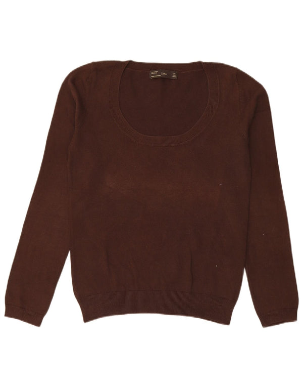 Zara Suéter feminino com gola canoa, Reino Unido 14, grande, algodão marrom