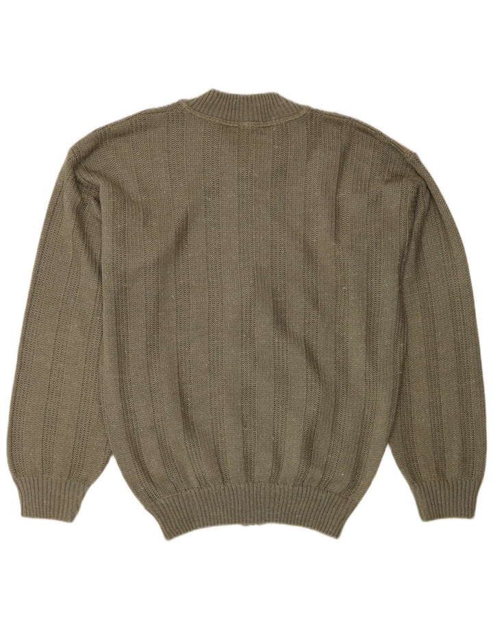 Suéter cardigã masculino vintage médio cáqui colorido bloco acrílico