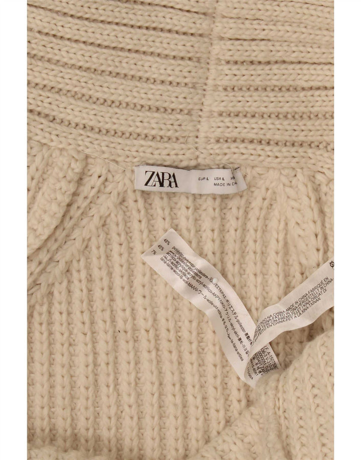 Suéter cardigã aberto com palangre feminino Zara Reino Unido 16 grande poliéster bege