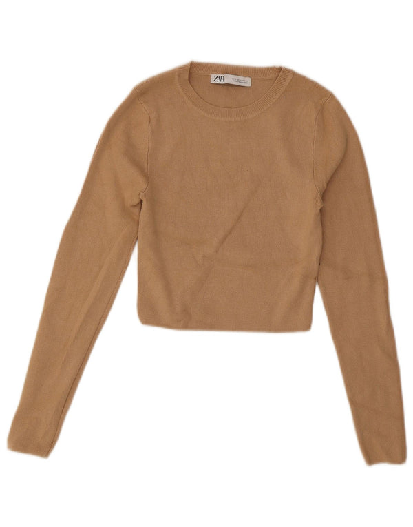 Zara Suéter feminino cropped com gola canoa Reino Unido 8 pequeno bege viscose