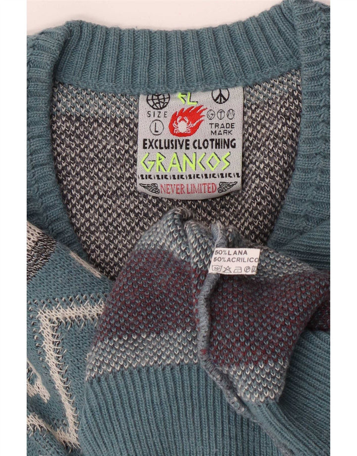 Suéter masculino vintage com decote em V grande lã geométrica azul