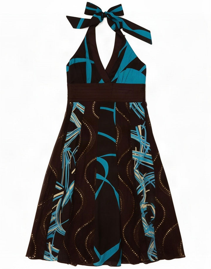 Monsoon Vestido feminino com estampa abstrata frente única Reino Unido 12 Seda marrom médio