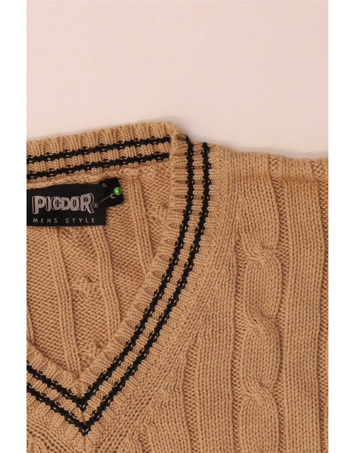 Suéter masculino vintage com decote em V grande algodão bege