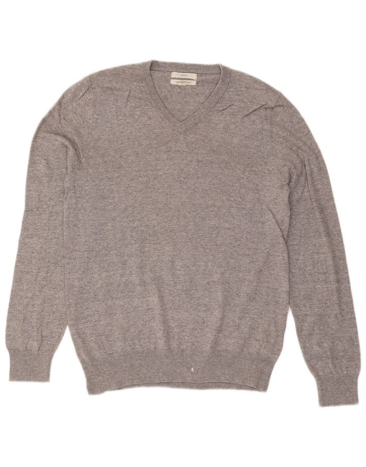Suéter masculino Marks & Spencer com decote em V, pequeno algodão manchado cinza