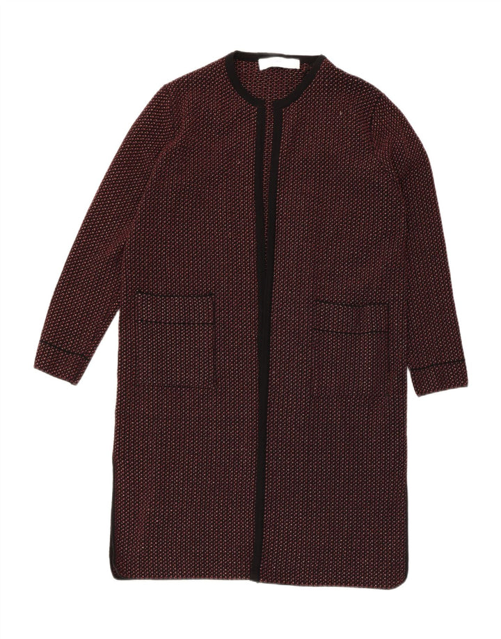 Suéter feminino Zara Longline Open Cardigan UK 14 Médio Vermelho Geométrico